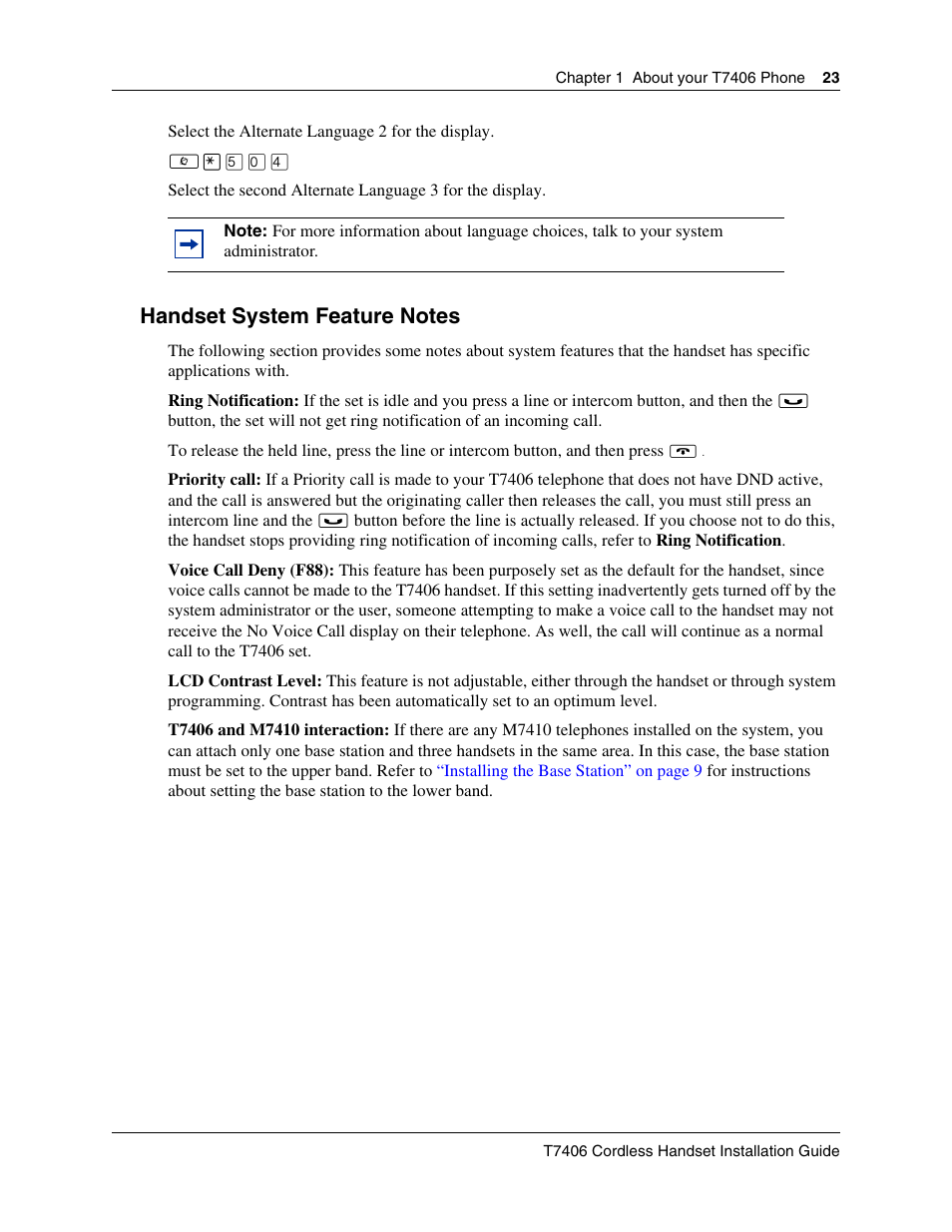 Handset system feature notes | Nortel Networks T7406 User Manual | Page 23 / 47