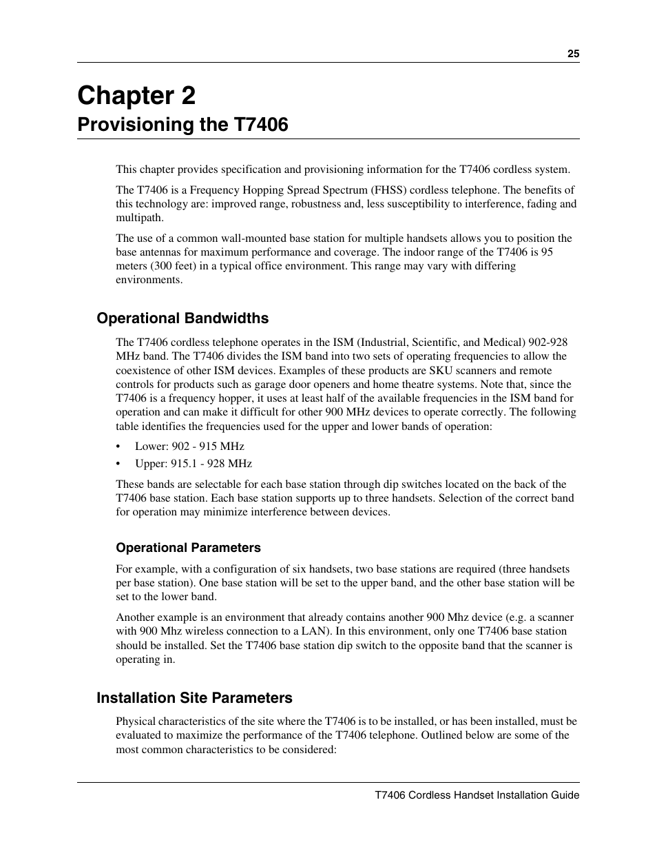 Provisioning the t7406, Operational bandwidths, Installation site parameters | Chapter 2 provisioning the t7406, Chapter 2 | Nortel Networks T7406 User Manual | Page 25 / 47