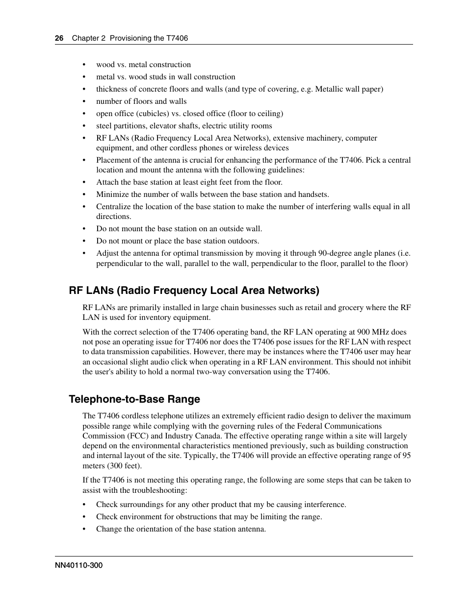 Rf lans (radio frequency local area networks), Telephone-to-base range | Nortel Networks T7406 User Manual | Page 26 / 47