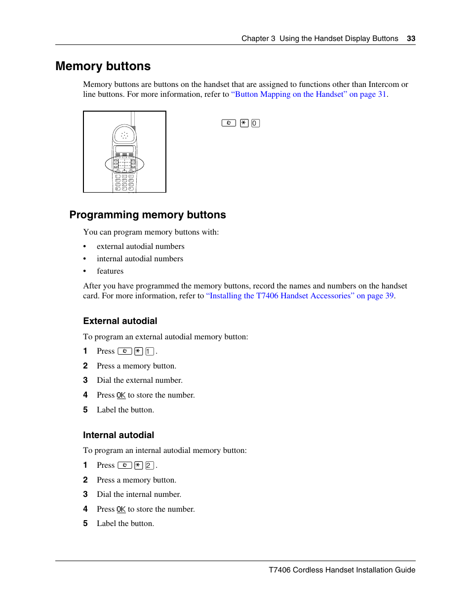 Memory buttons, Programming memory buttons, Programming | Nortel Networks T7406 User Manual | Page 33 / 47