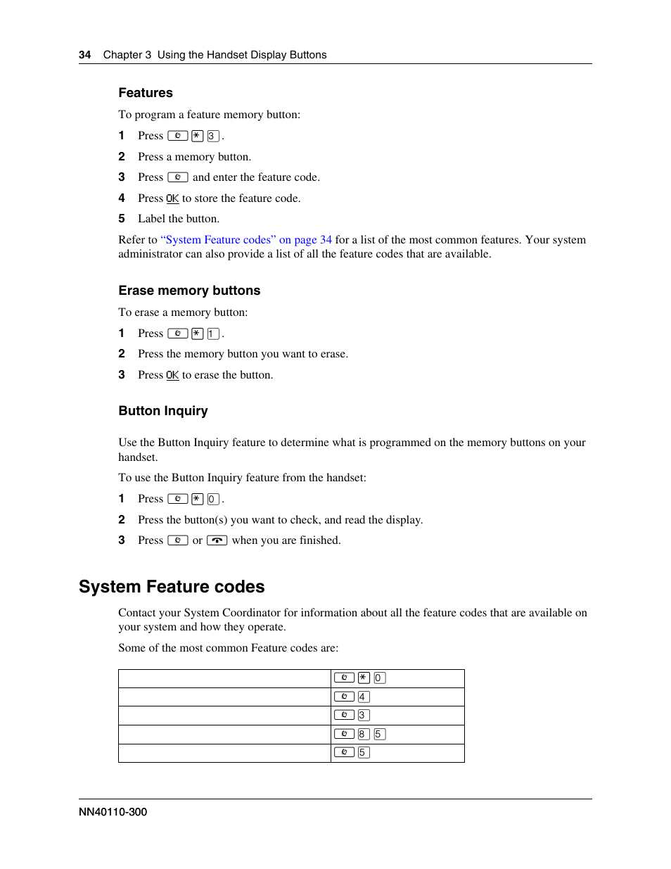 System feature codes | Nortel Networks T7406 User Manual | Page 34 / 47