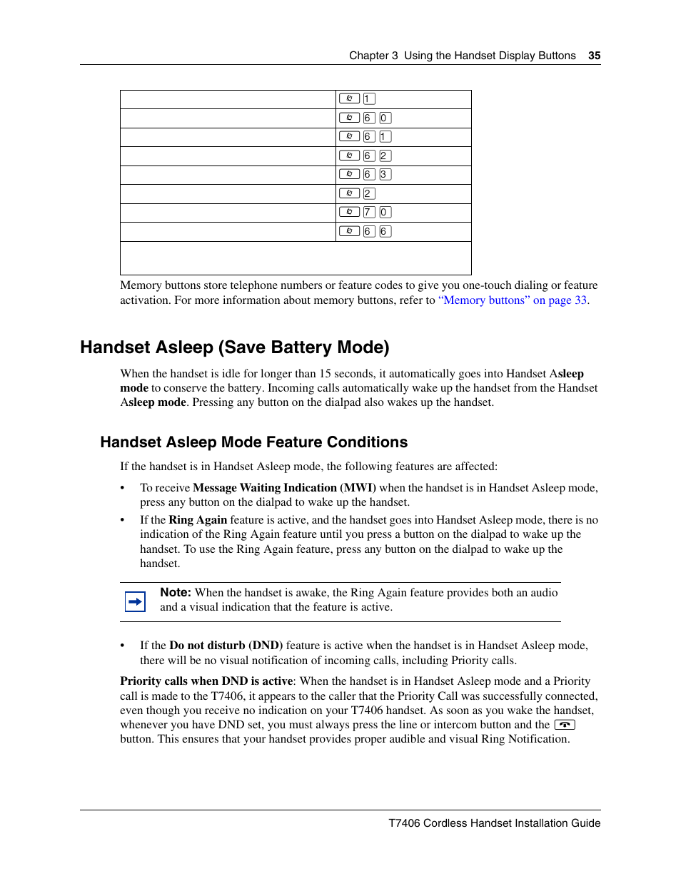 Handset asleep (save battery mode), Handset asleep mode feature conditions | Nortel Networks T7406 User Manual | Page 35 / 47