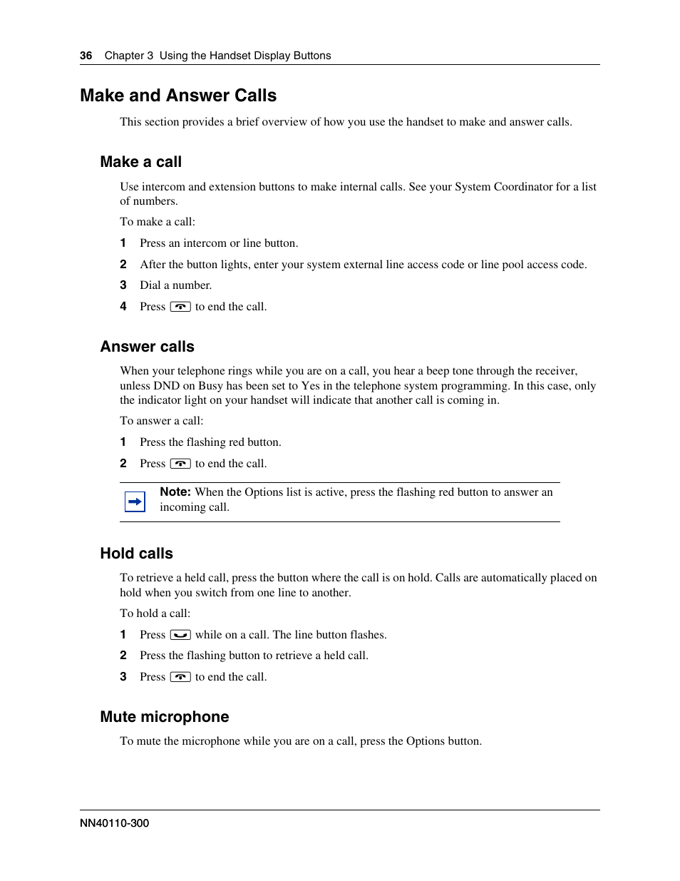 Make and answer calls, Make a call, Answer calls | Hold calls, Mute microphone | Nortel Networks T7406 User Manual | Page 36 / 47