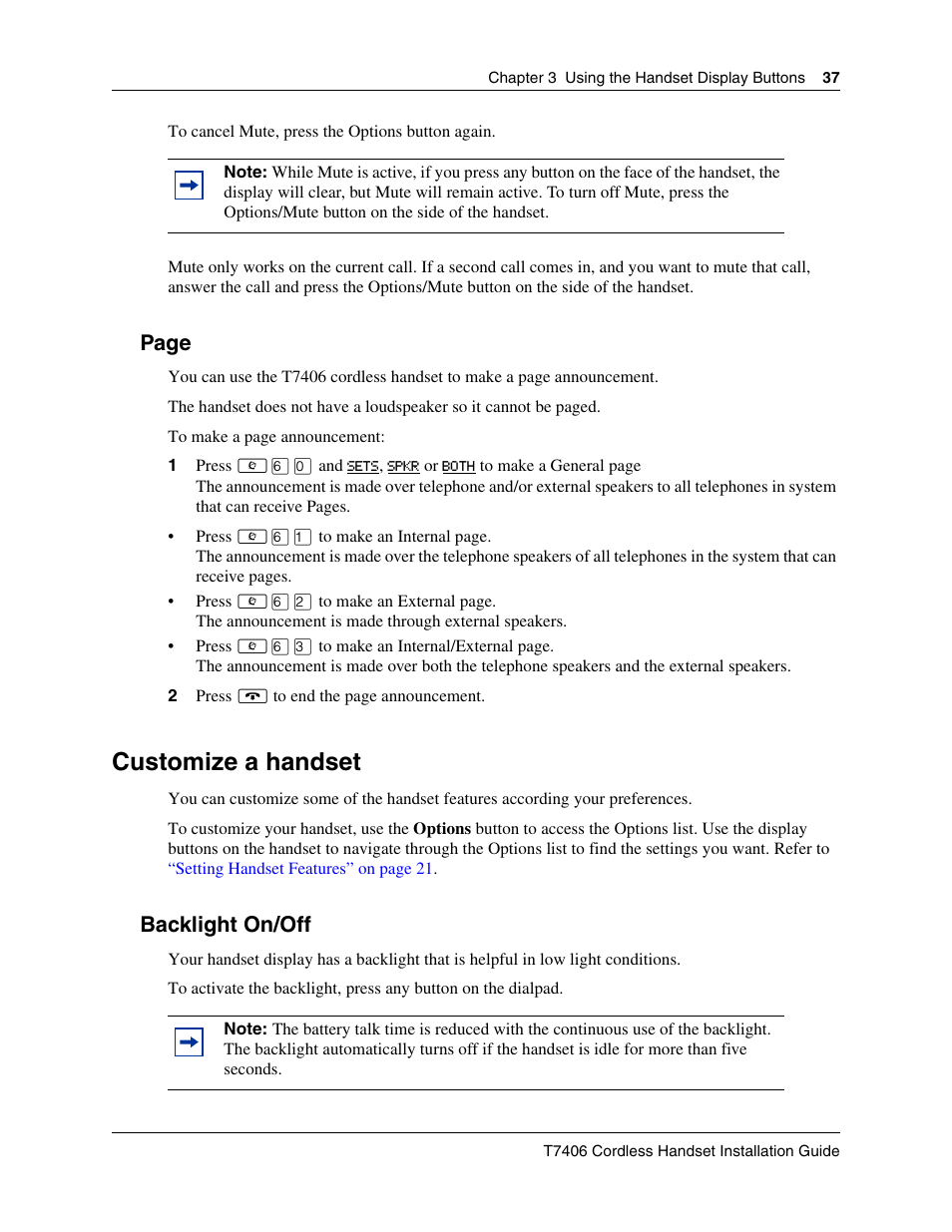 Customize a handset, Backlight on/off, Page | Nortel Networks T7406 User Manual | Page 37 / 47