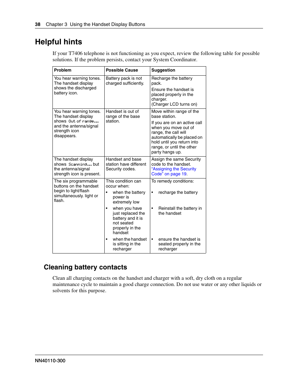 Helpful hints, Cleaning battery contacts | Nortel Networks T7406 User Manual | Page 38 / 47