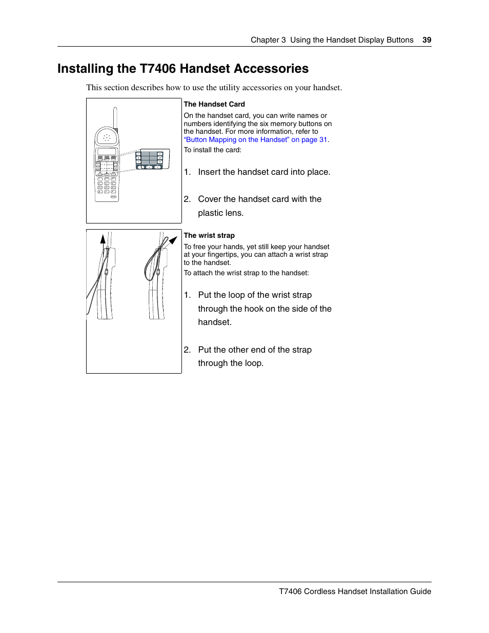 Installing the t7406 handset accessories | Nortel Networks T7406 User Manual | Page 39 / 47