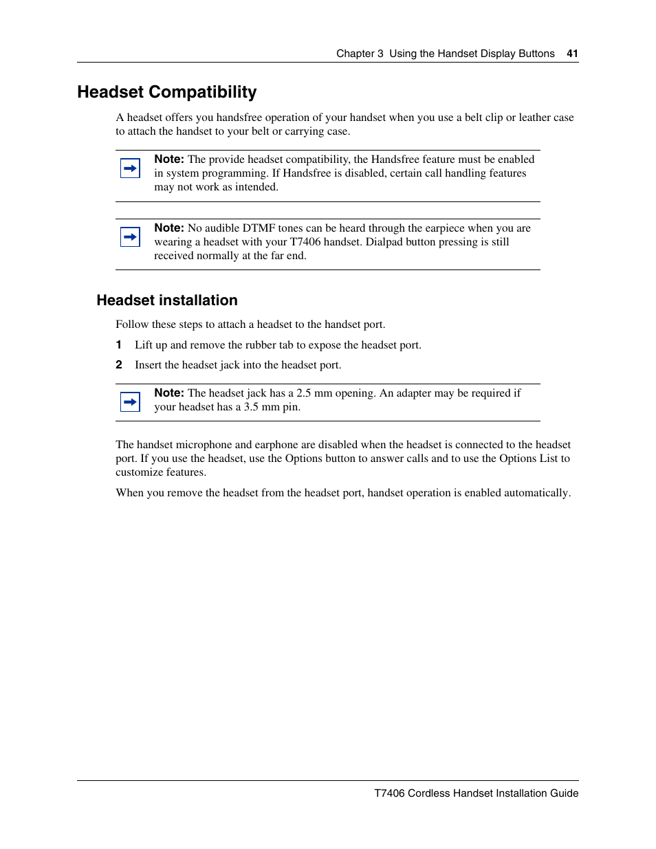 Headset compatibility, Headset installation | Nortel Networks T7406 User Manual | Page 41 / 47
