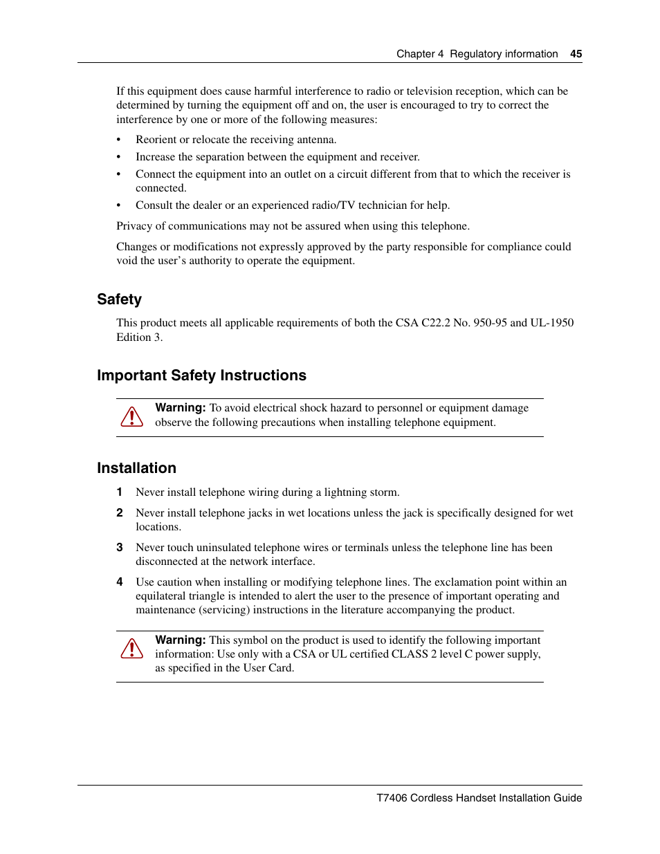 Safety, Important safety instructions, Installation | Important safety instructions installation | Nortel Networks T7406 User Manual | Page 45 / 47