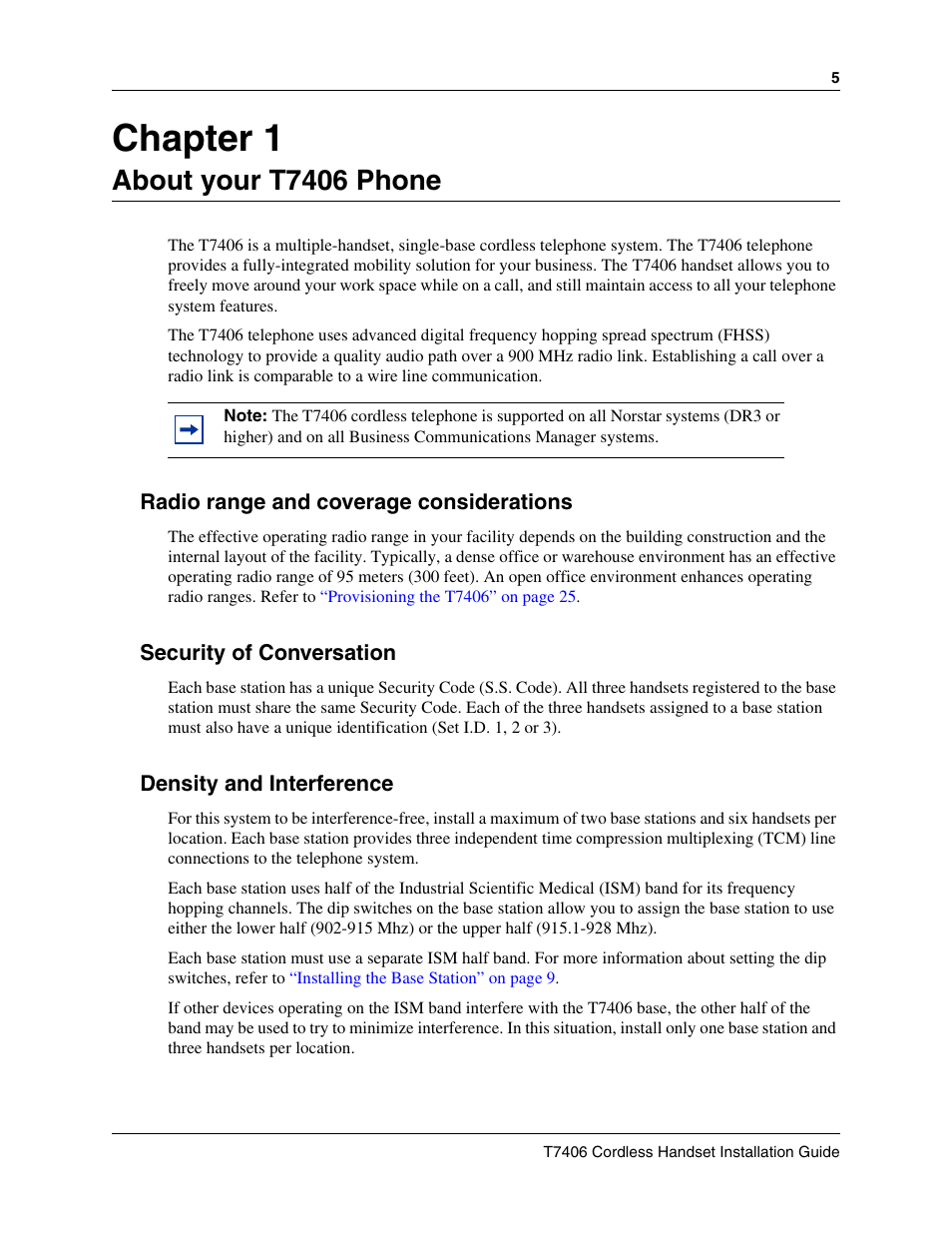 About your t7406 phone, Radio range and coverage considerations, Security of conversation | Density and interference, Chapter 1 about your t7406 phone, Chapter 1 | Nortel Networks T7406 User Manual | Page 5 / 47