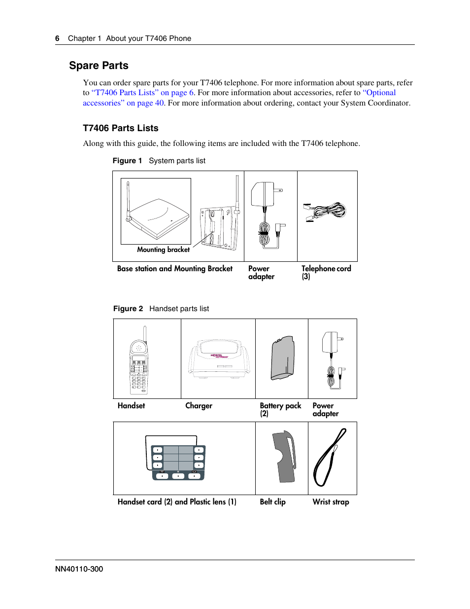 Spare parts, T7406 parts lists | Nortel Networks T7406 User Manual | Page 6 / 47