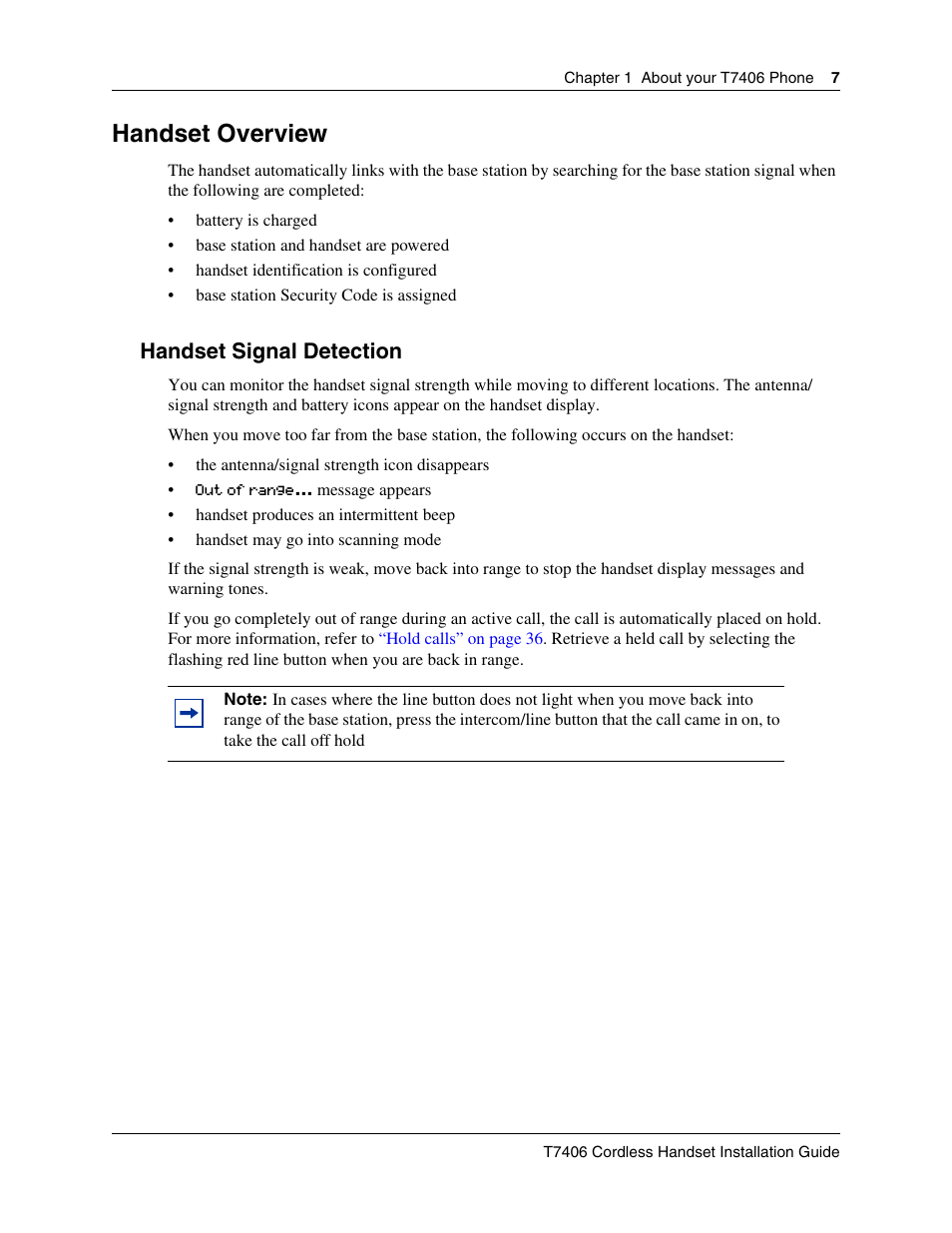 Handset overview, Handset signal detection | Nortel Networks T7406 User Manual | Page 7 / 47