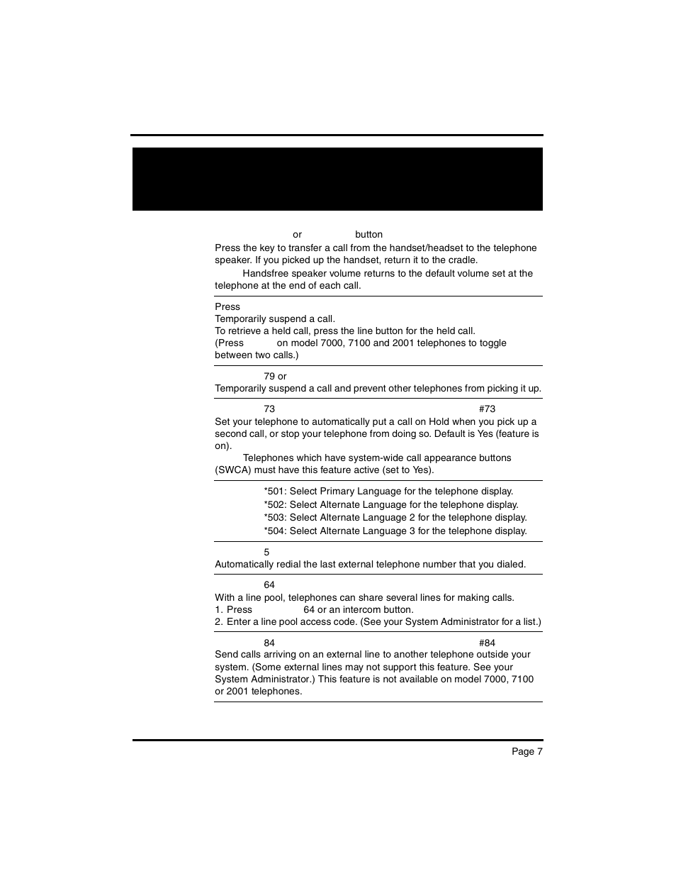 Telephone features | Nortel Networks Nortel M 7000 User Manual | Page 7 / 16