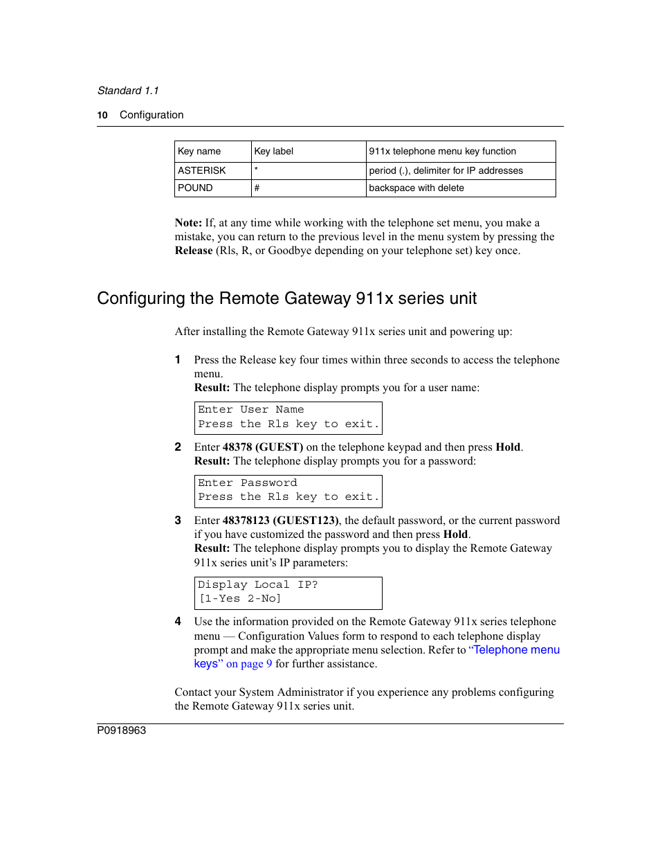 Configuring the remote gateway 911x series unit | Nortel Networks 911x Series User Manual | Page 10 / 10