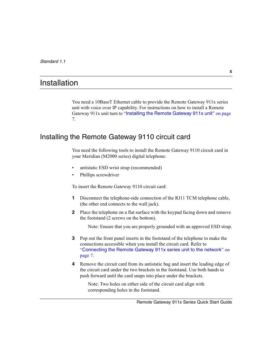 Installation, Installing the remote gateway 9110 circuit card | Nortel Networks 911x Series User Manual | Page 5 / 10