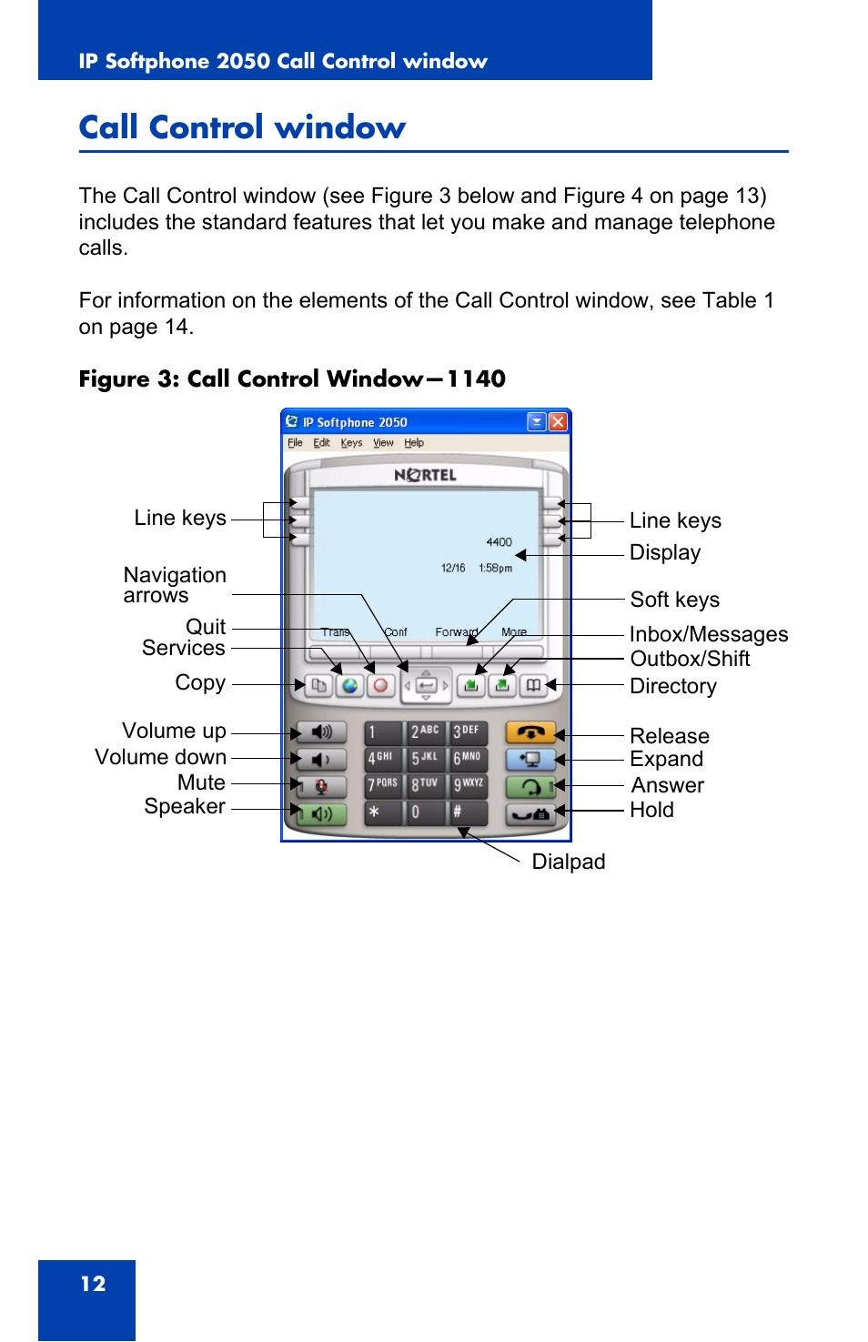 Call control window | Nortel Networks NN-10300-053 User Manual | Page 12 / 44