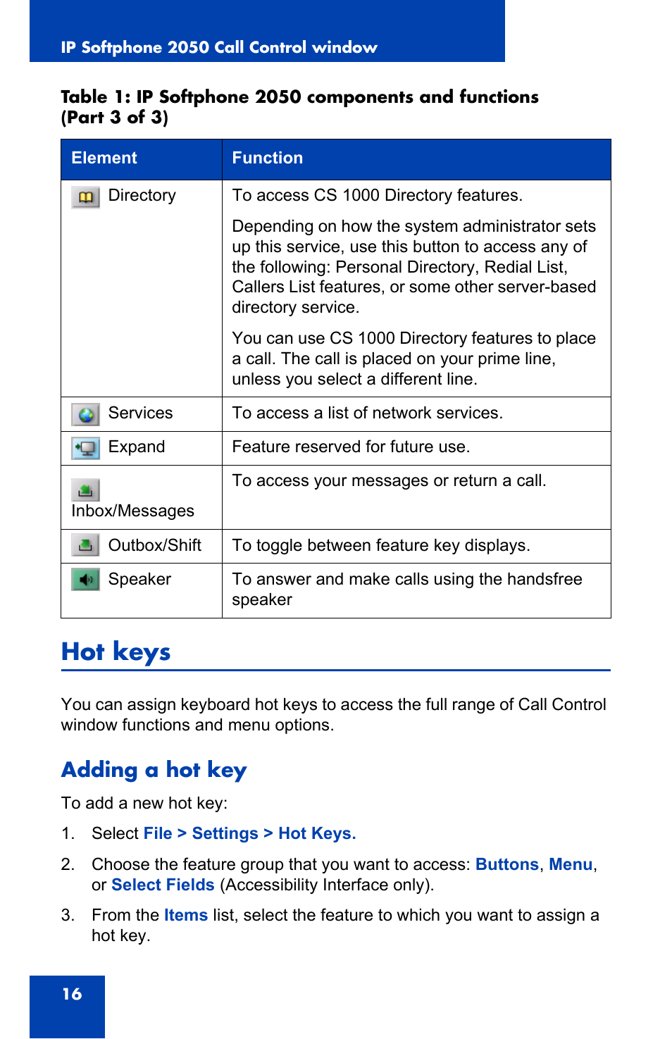 Hot keys, Adding a hot key | Nortel Networks NN-10300-053 User Manual | Page 16 / 44