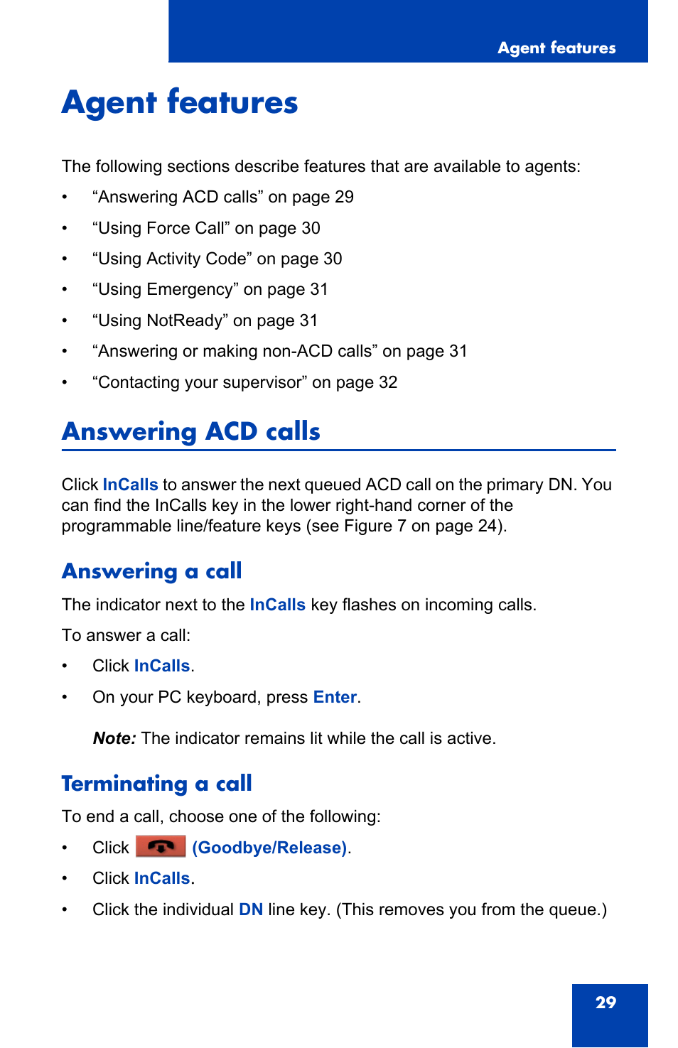 Agent features, Answering acd calls, Answering a call | Terminating a call | Nortel Networks NN-10300-053 User Manual | Page 29 / 44