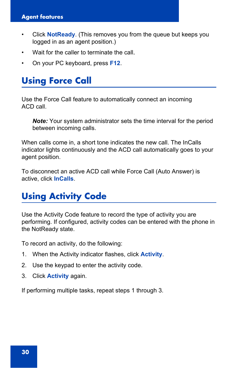 Using force call, Using activity code | Nortel Networks NN-10300-053 User Manual | Page 30 / 44