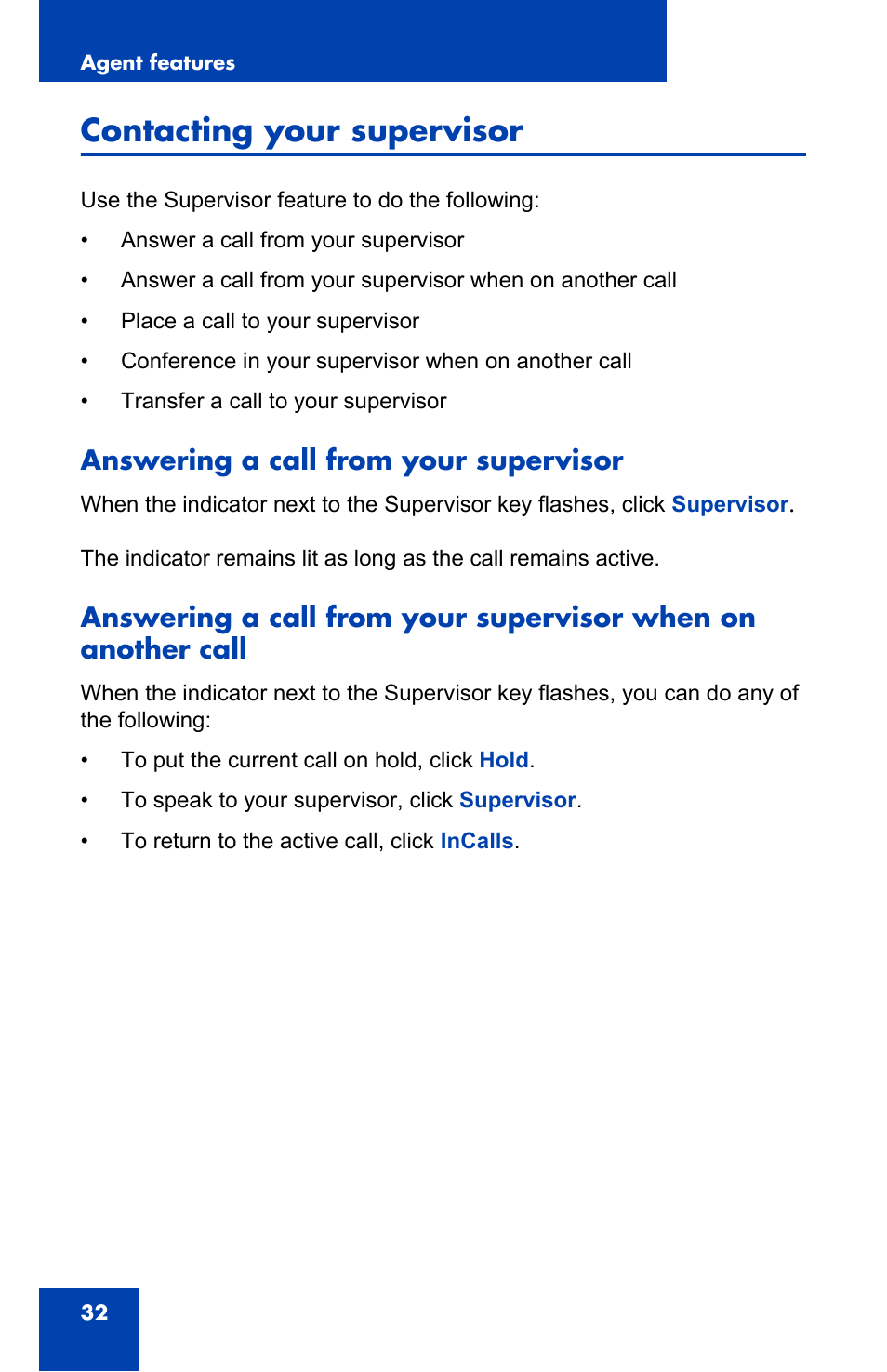 Contacting your supervisor, Answering a call from your supervisor | Nortel Networks NN-10300-053 User Manual | Page 32 / 44