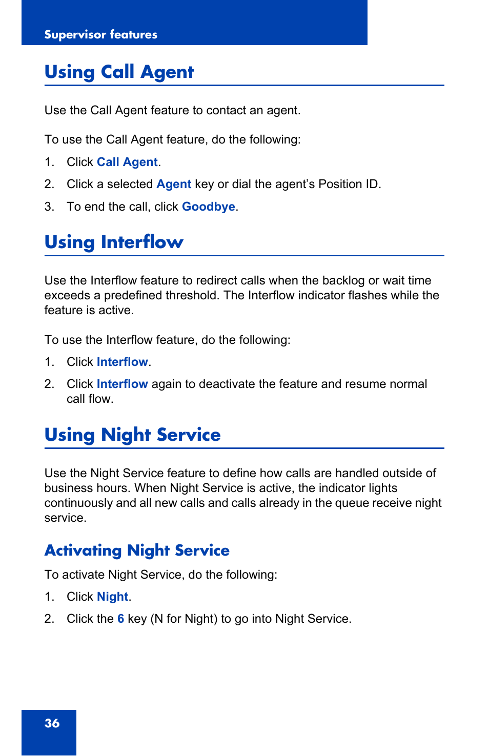 Using call agent, Using interflow, Using night service | Activating night service | Nortel Networks NN-10300-053 User Manual | Page 36 / 44