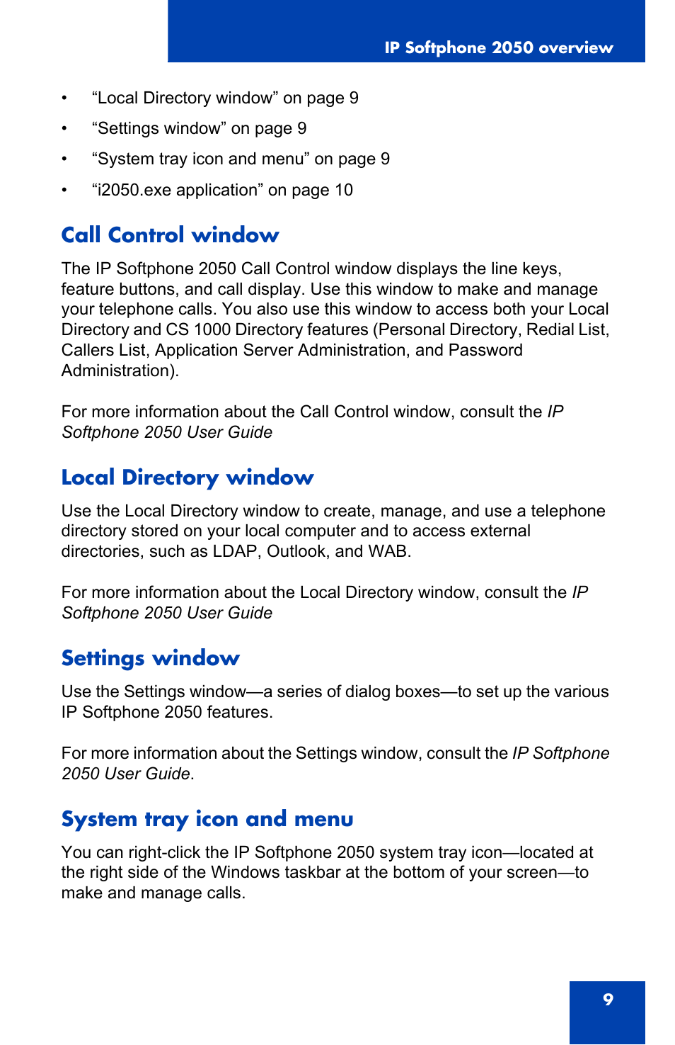 Call control window, Local directory window, Settings window | System tray icon and menu | Nortel Networks NN-10300-053 User Manual | Page 9 / 44