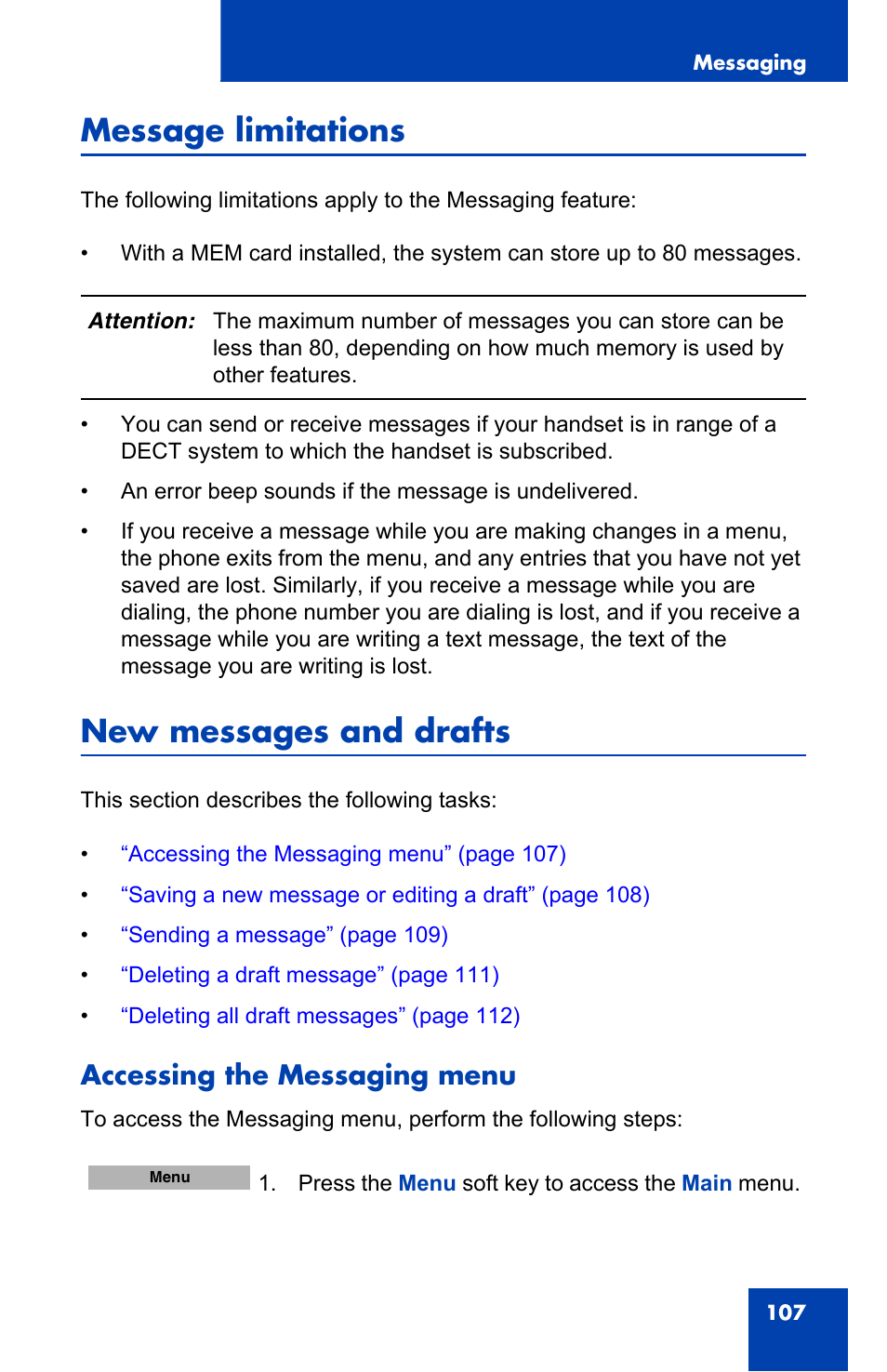 Message limitations, New messages and drafts, Accessing the messaging menu | Nortel Networks Nortel 4075 User Manual | Page 107 / 244