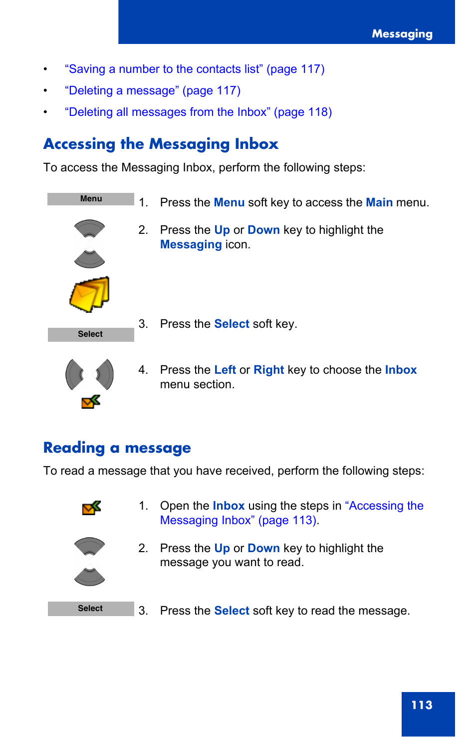 Accessing the messaging inbox, Reading a message, Accessing the messaging inbox reading a message | Nortel Networks Nortel 4075 User Manual | Page 113 / 244