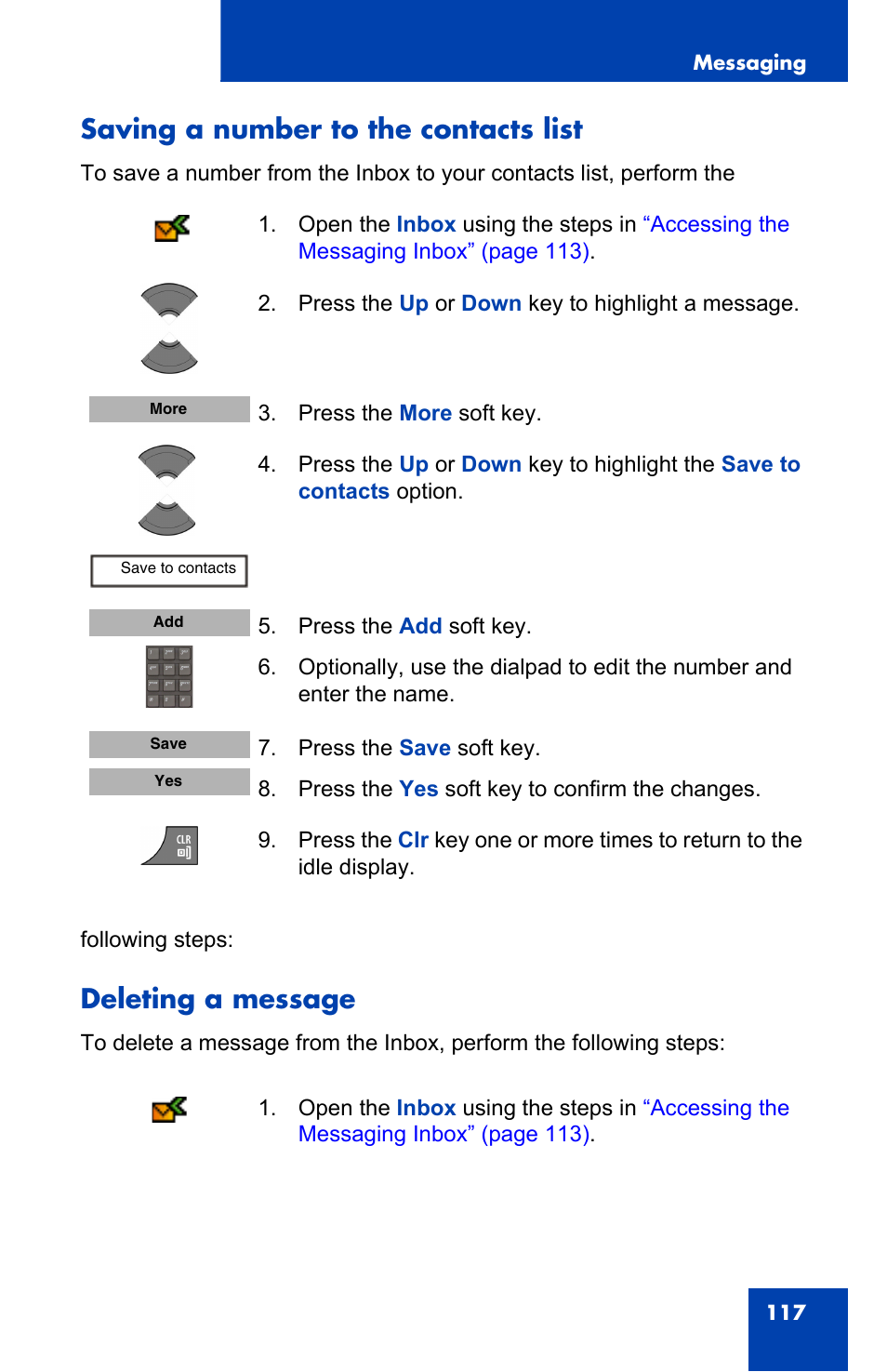Saving a number to the contacts list, Deleting a message | Nortel Networks Nortel 4075 User Manual | Page 117 / 244