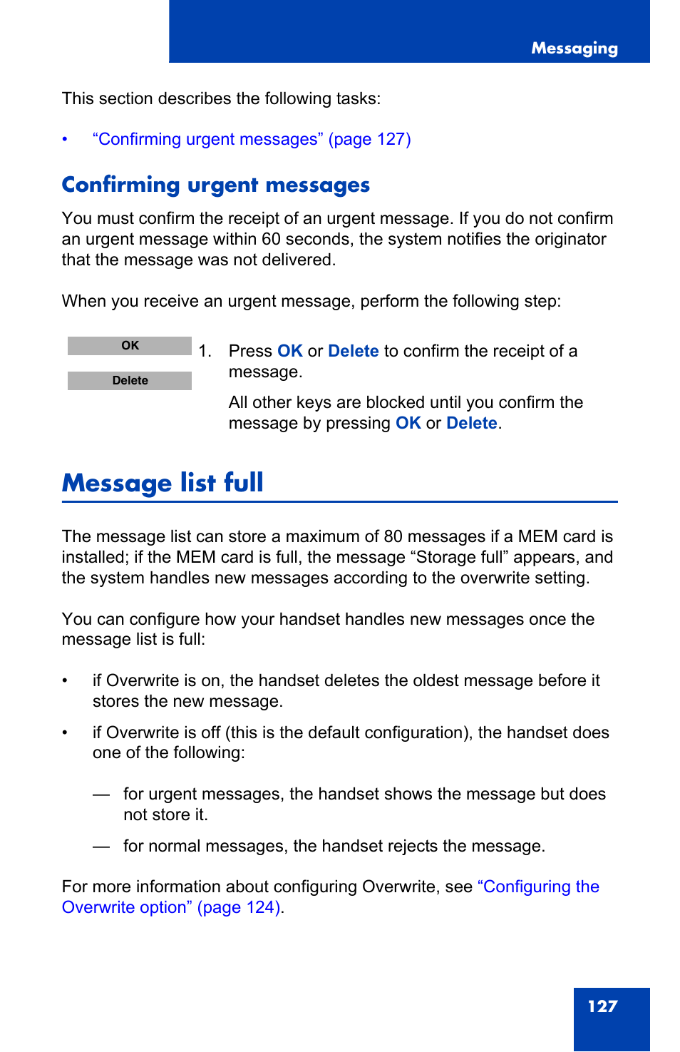 Confirming urgent messages, Message list full | Nortel Networks Nortel 4075 User Manual | Page 127 / 244
