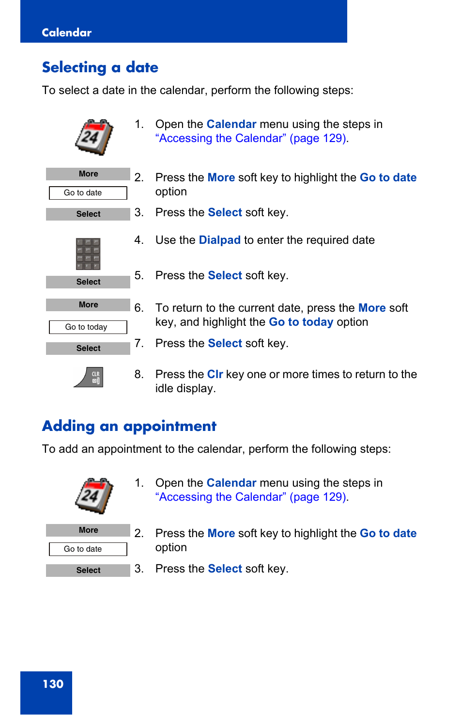 Selecting a date, Adding an appointment, Selecting a date adding an appointment | Nortel Networks Nortel 4075 User Manual | Page 130 / 244
