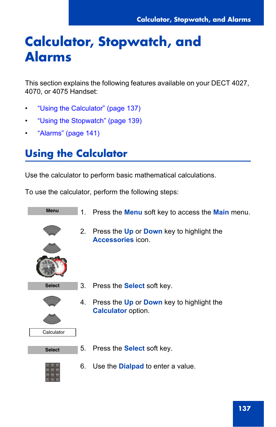 Calculator, stopwatch, and alarms, Using the calculator | Nortel Networks Nortel 4075 User Manual | Page 137 / 244