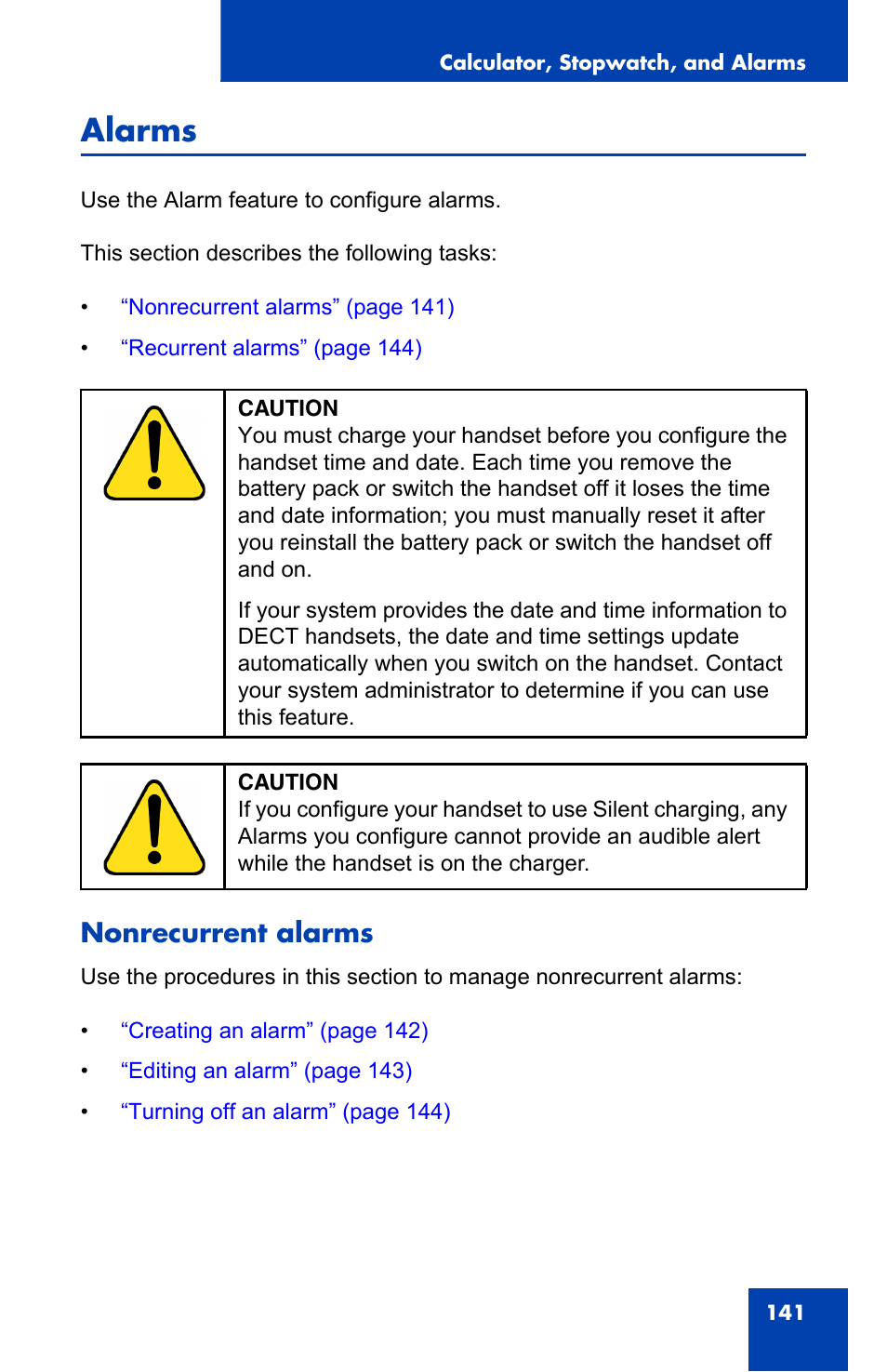 Alarms, Nonrecurrent alarms | Nortel Networks Nortel 4075 User Manual | Page 141 / 244