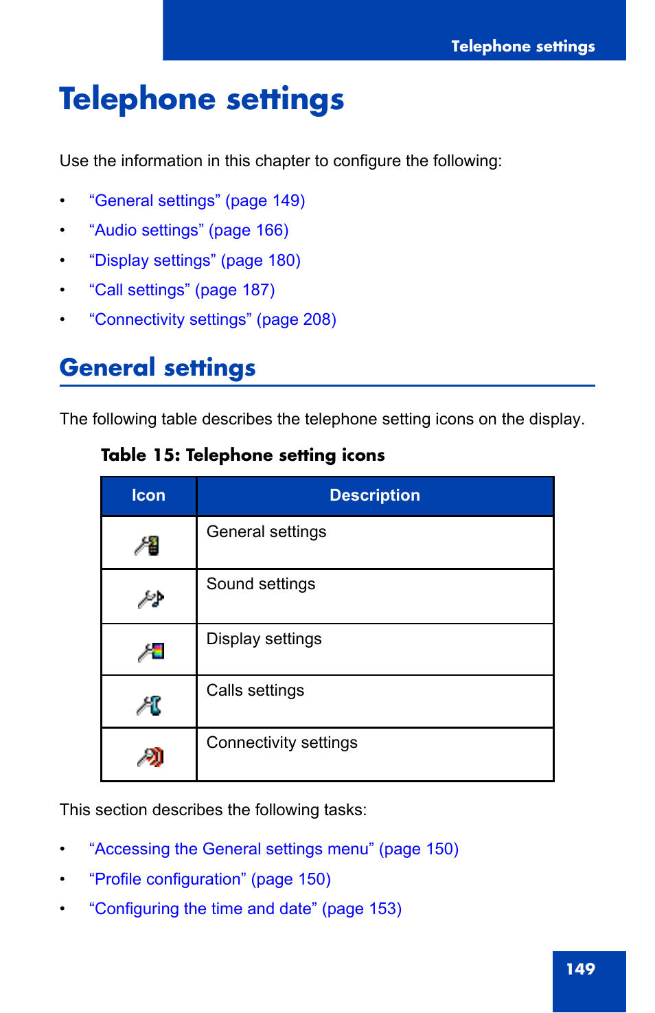 Telephone settings, General settings | Nortel Networks Nortel 4075 User Manual | Page 149 / 244