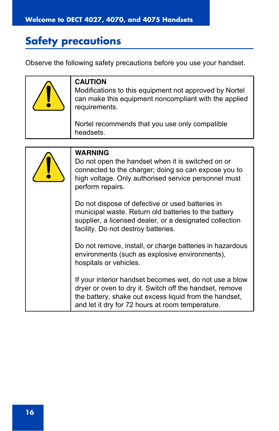 Safety precautions | Nortel Networks Nortel 4075 User Manual | Page 16 / 244