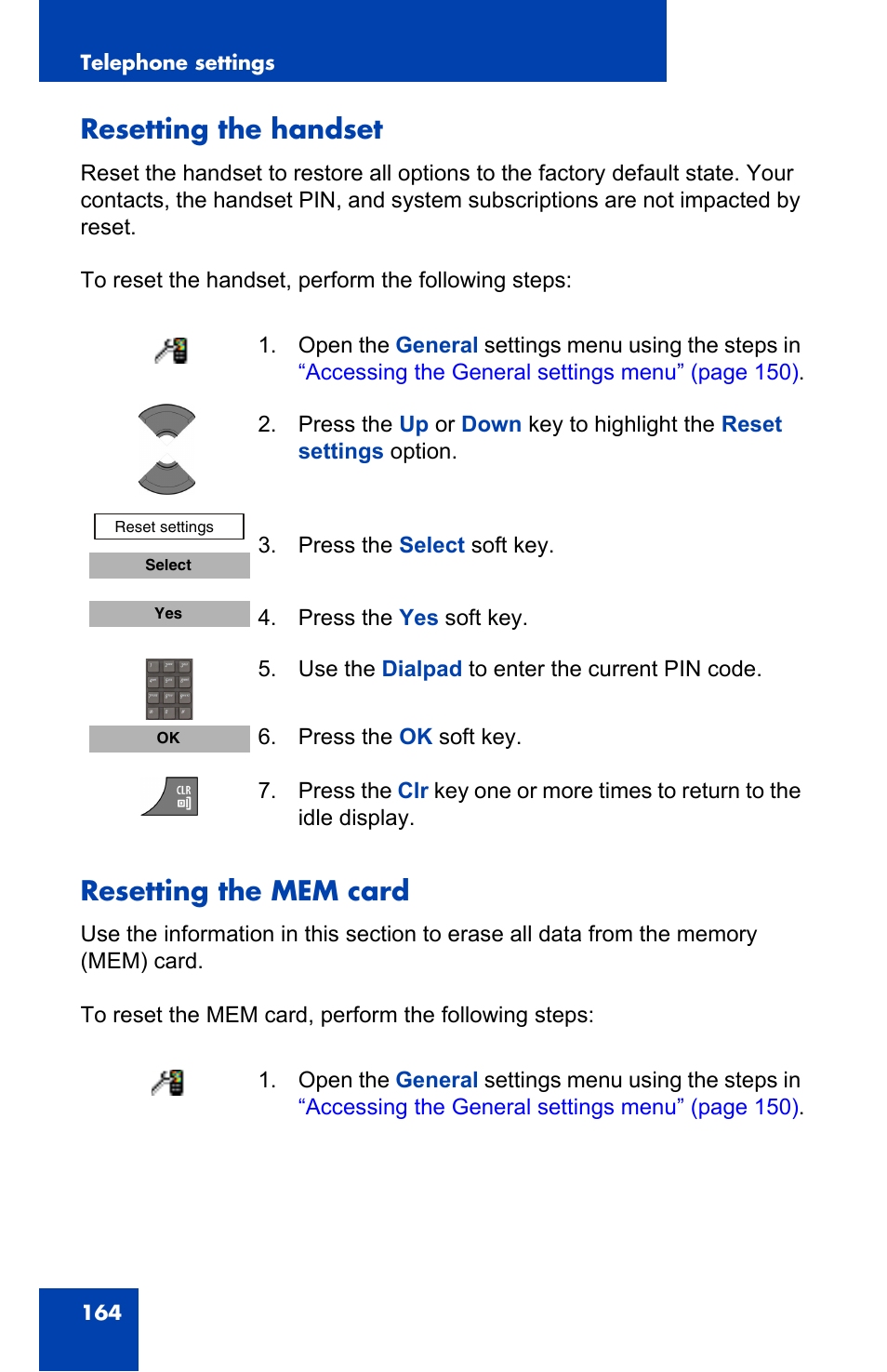 Resetting the handset, Resetting the mem card, Resetting the handset resetting the mem card | Nortel Networks Nortel 4075 User Manual | Page 164 / 244