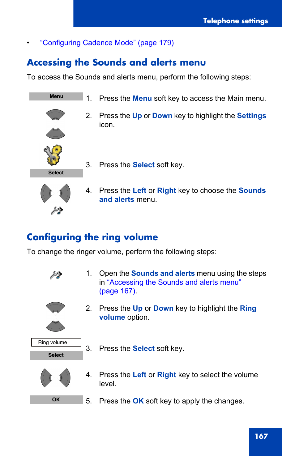Accessing the sounds and alerts menu, Configuring the ring volume | Nortel Networks Nortel 4075 User Manual | Page 167 / 244