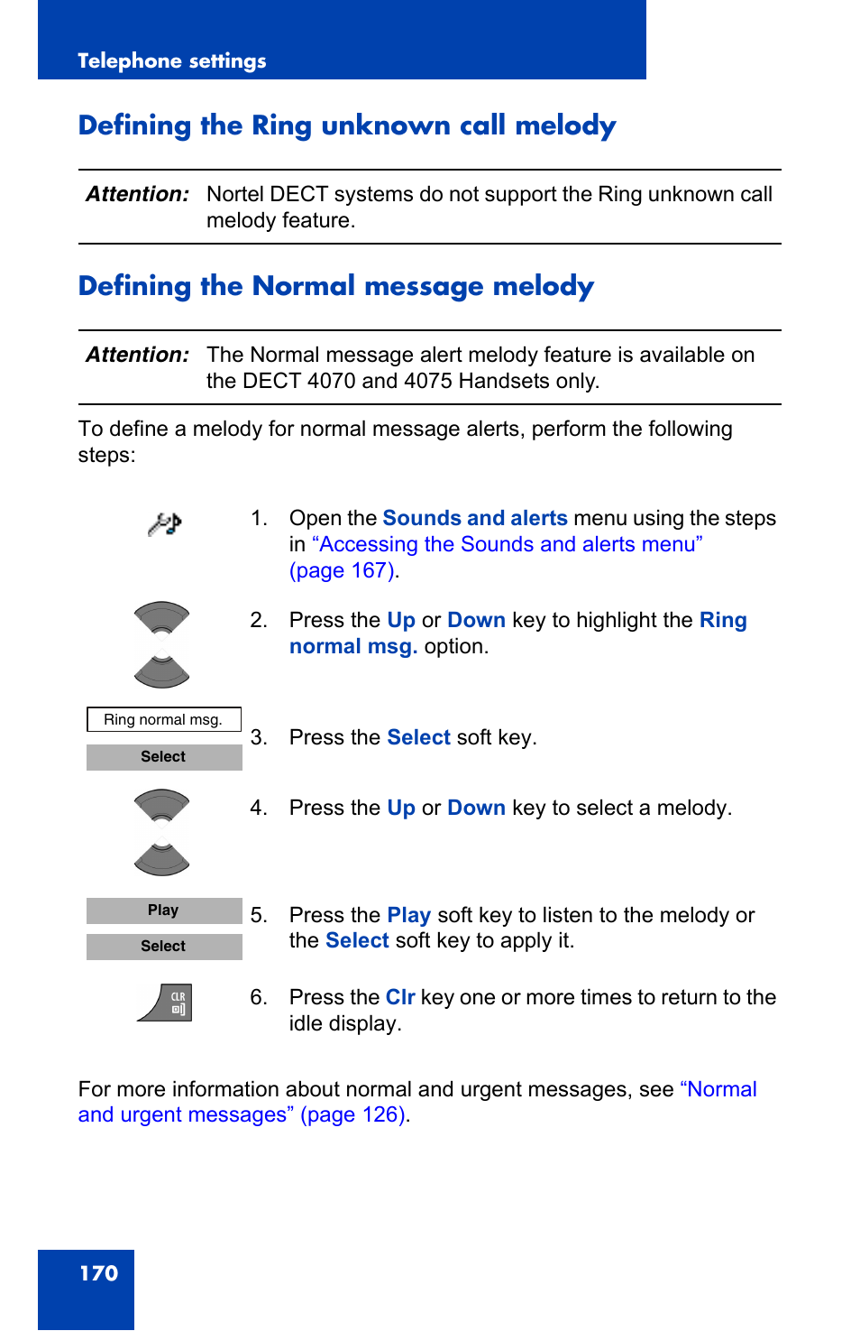 Defining the ring unknown call melody, Defining the normal message melody | Nortel Networks Nortel 4075 User Manual | Page 170 / 244