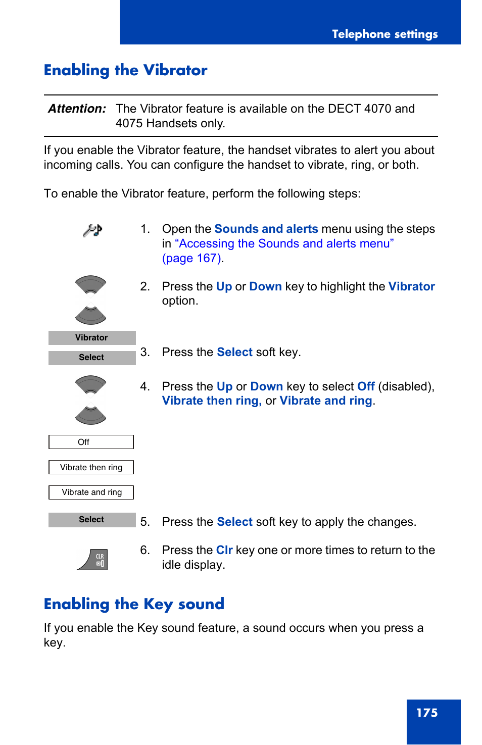 Enabling the vibrator, Enabling the key sound, Enabling the vibrator enabling the key sound | Nortel Networks Nortel 4075 User Manual | Page 175 / 244