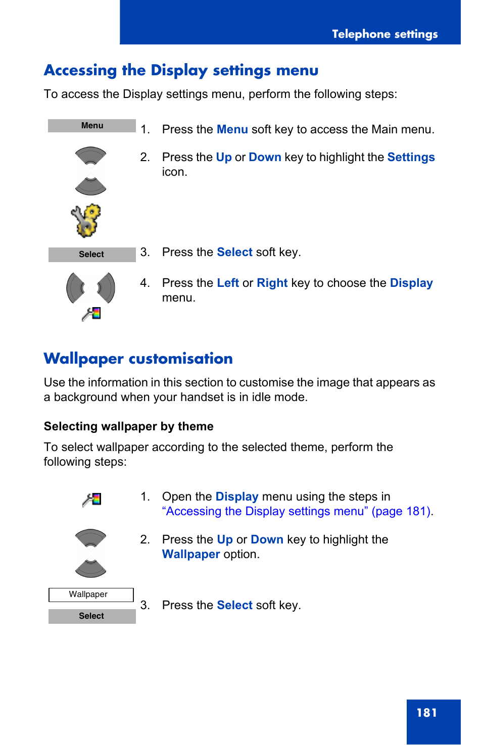 Accessing the display settings menu, Wallpaper customisation | Nortel Networks Nortel 4075 User Manual | Page 181 / 244