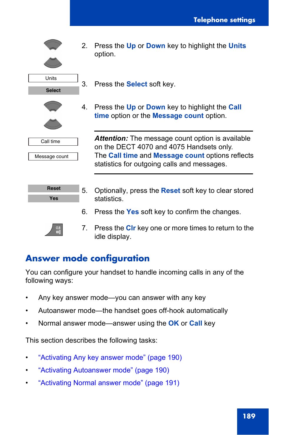 Answer mode configuration, Information, see | Nortel Networks Nortel 4075 User Manual | Page 189 / 244
