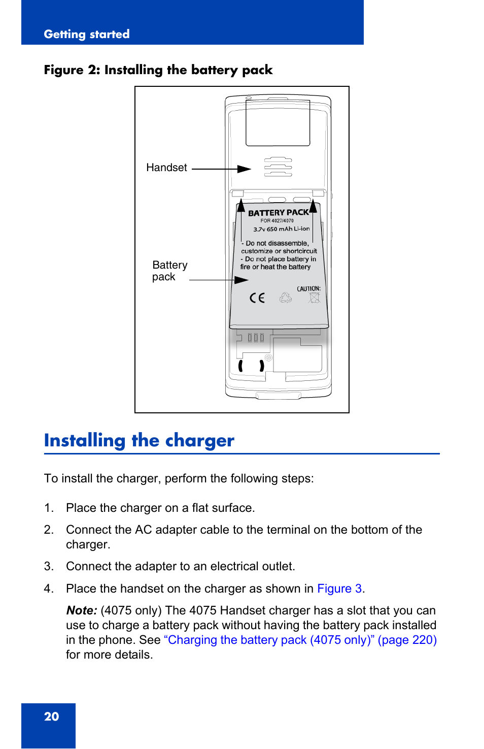 Installing the charger | Nortel Networks Nortel 4075 User Manual | Page 20 / 244
