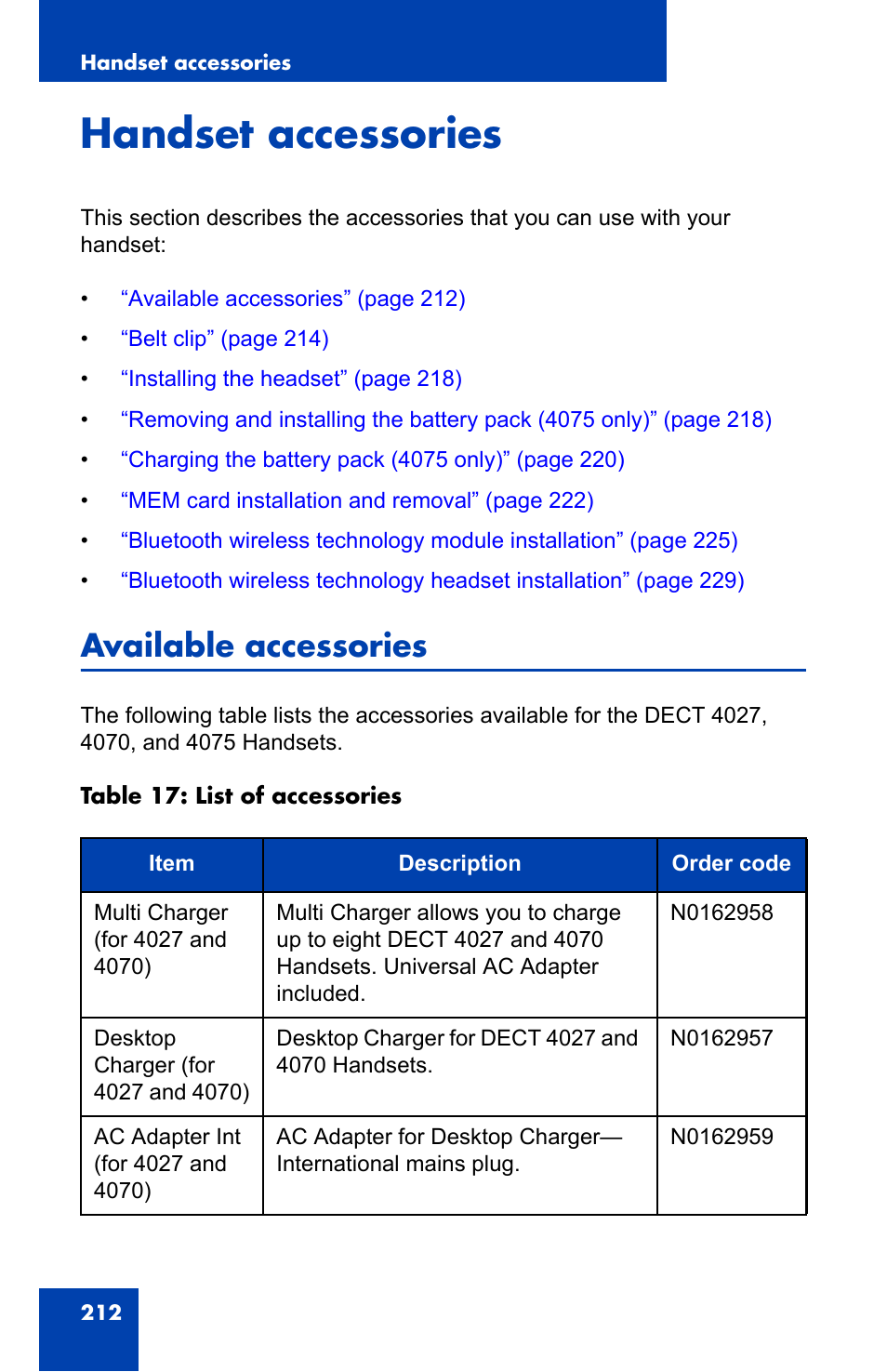 Handset accessories, Available accessories | Nortel Networks Nortel 4075 User Manual | Page 212 / 244