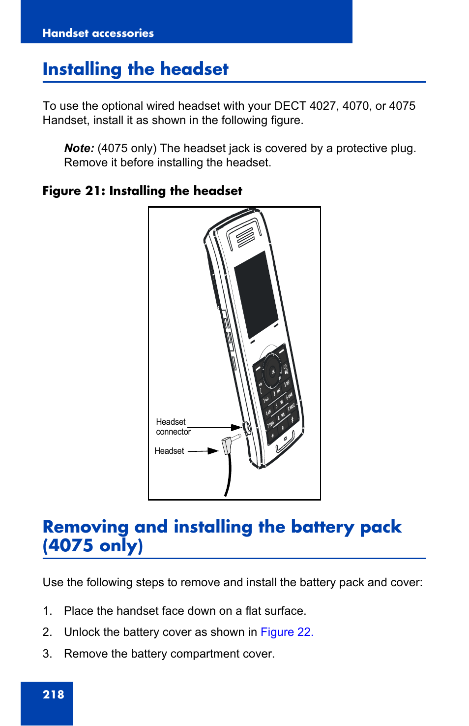 Installing the headset | Nortel Networks Nortel 4075 User Manual | Page 218 / 244