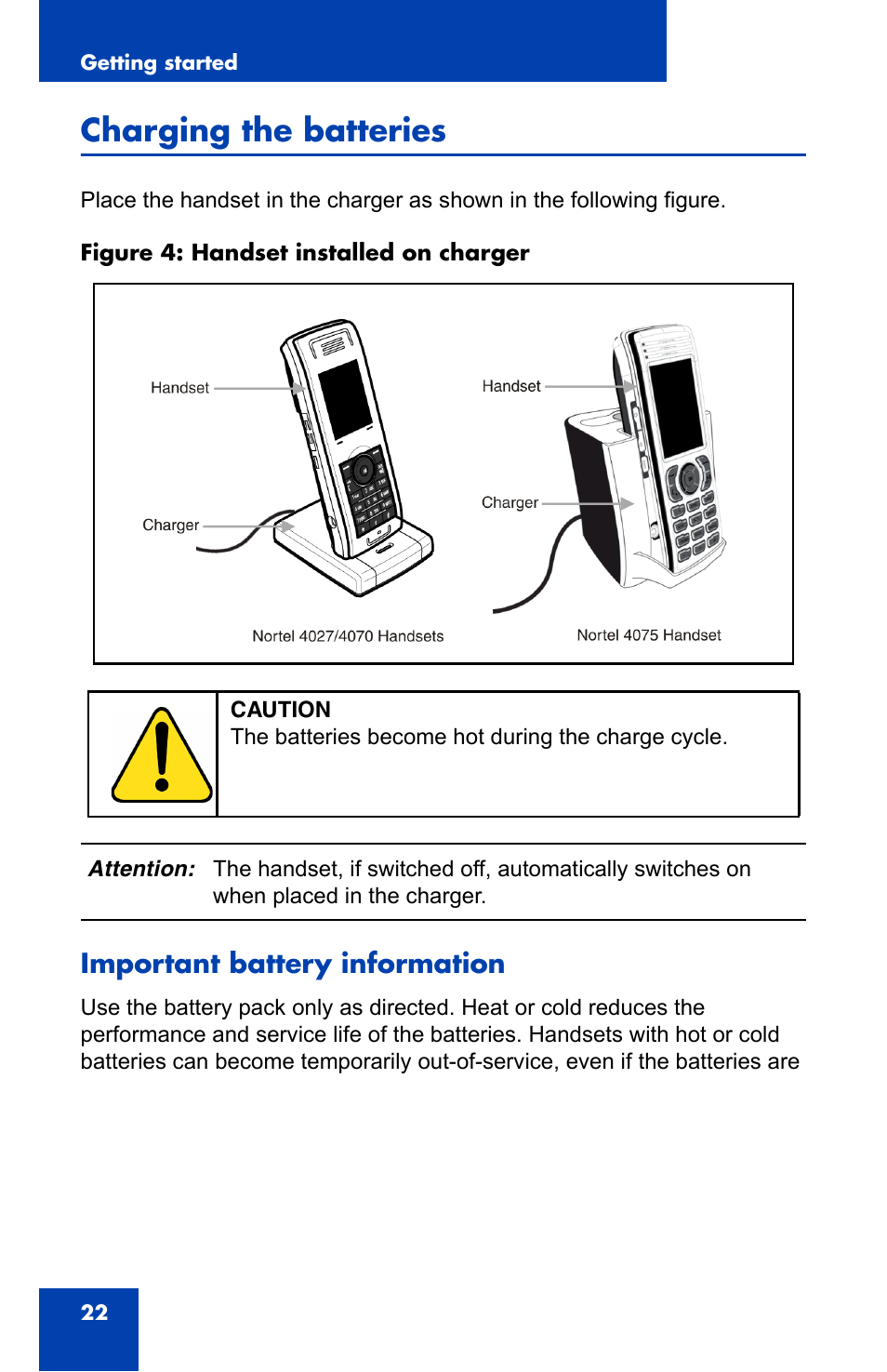 Charging the batteries, Important battery information | Nortel Networks Nortel 4075 User Manual | Page 22 / 244