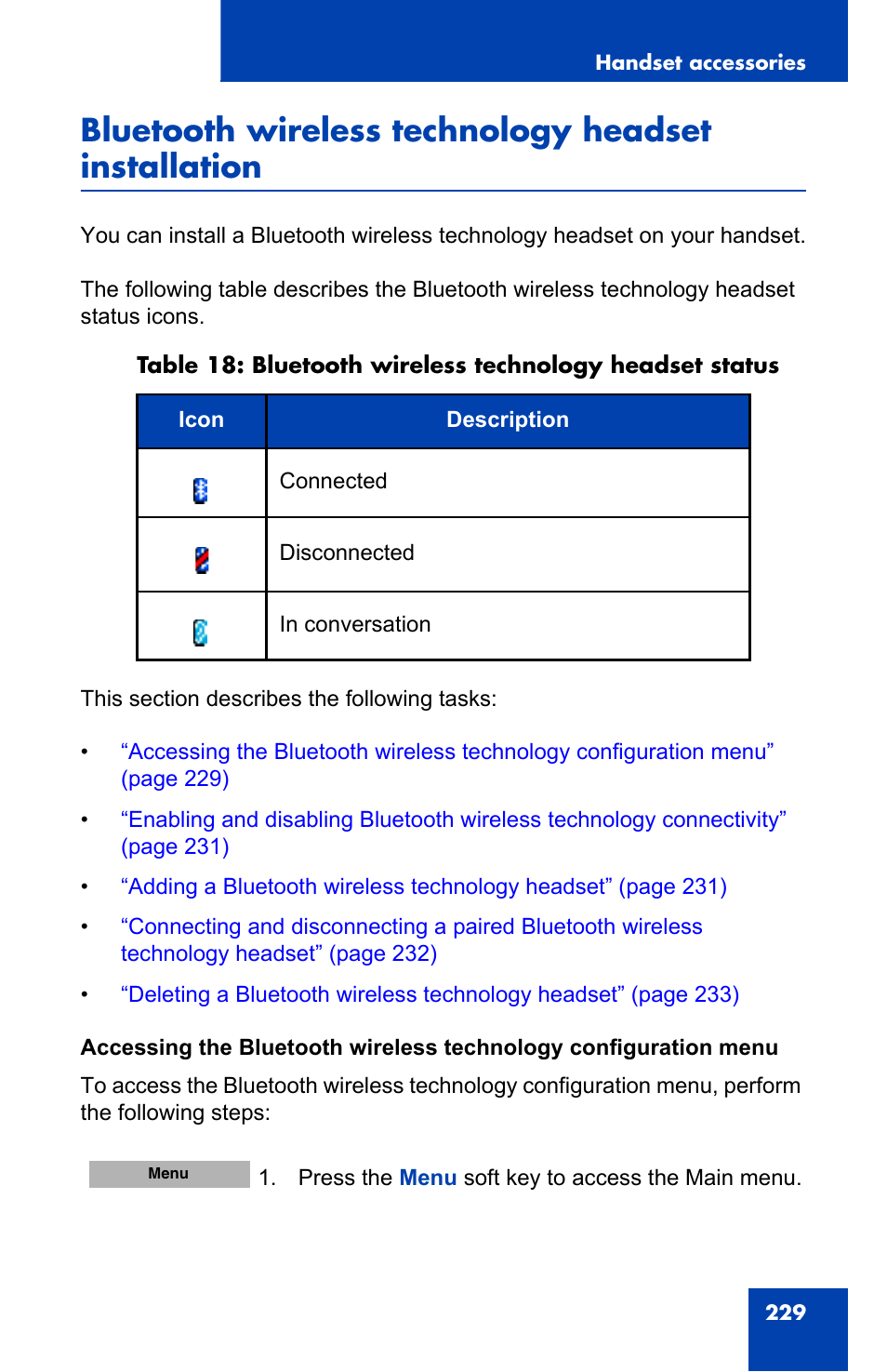 Bluetooth wireless technology headset installation | Nortel Networks Nortel 4075 User Manual | Page 229 / 244