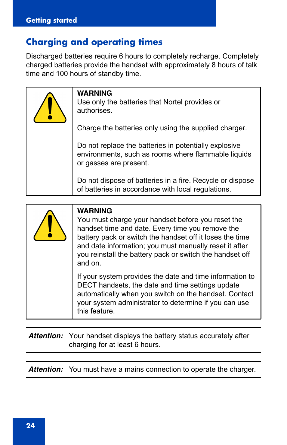 Charging and operating times | Nortel Networks Nortel 4075 User Manual | Page 24 / 244