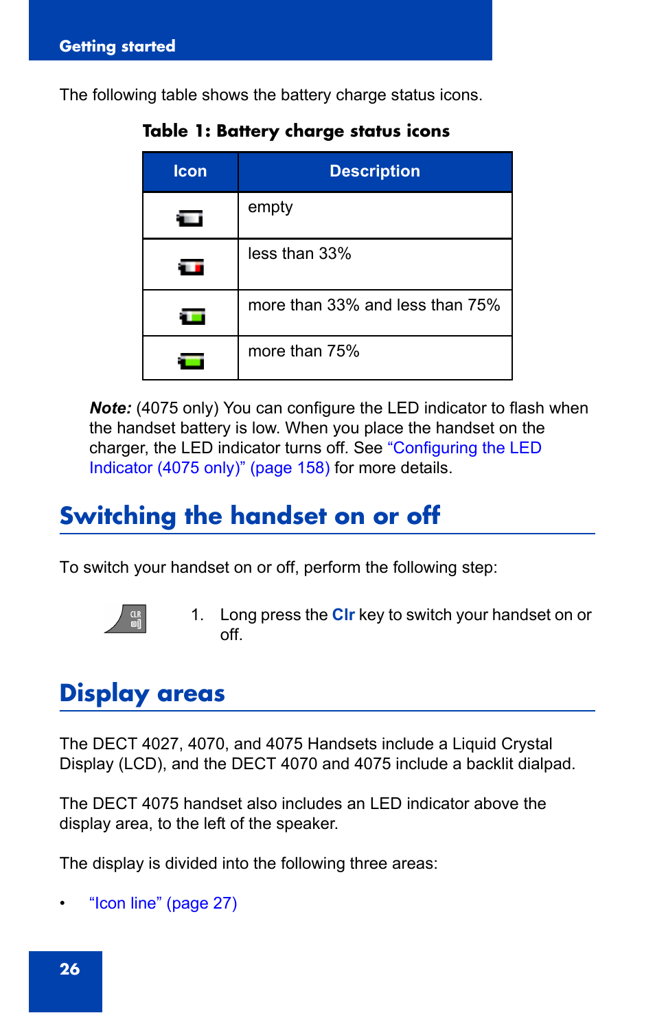 Switching the handset on or off, Display areas | Nortel Networks Nortel 4075 User Manual | Page 26 / 244