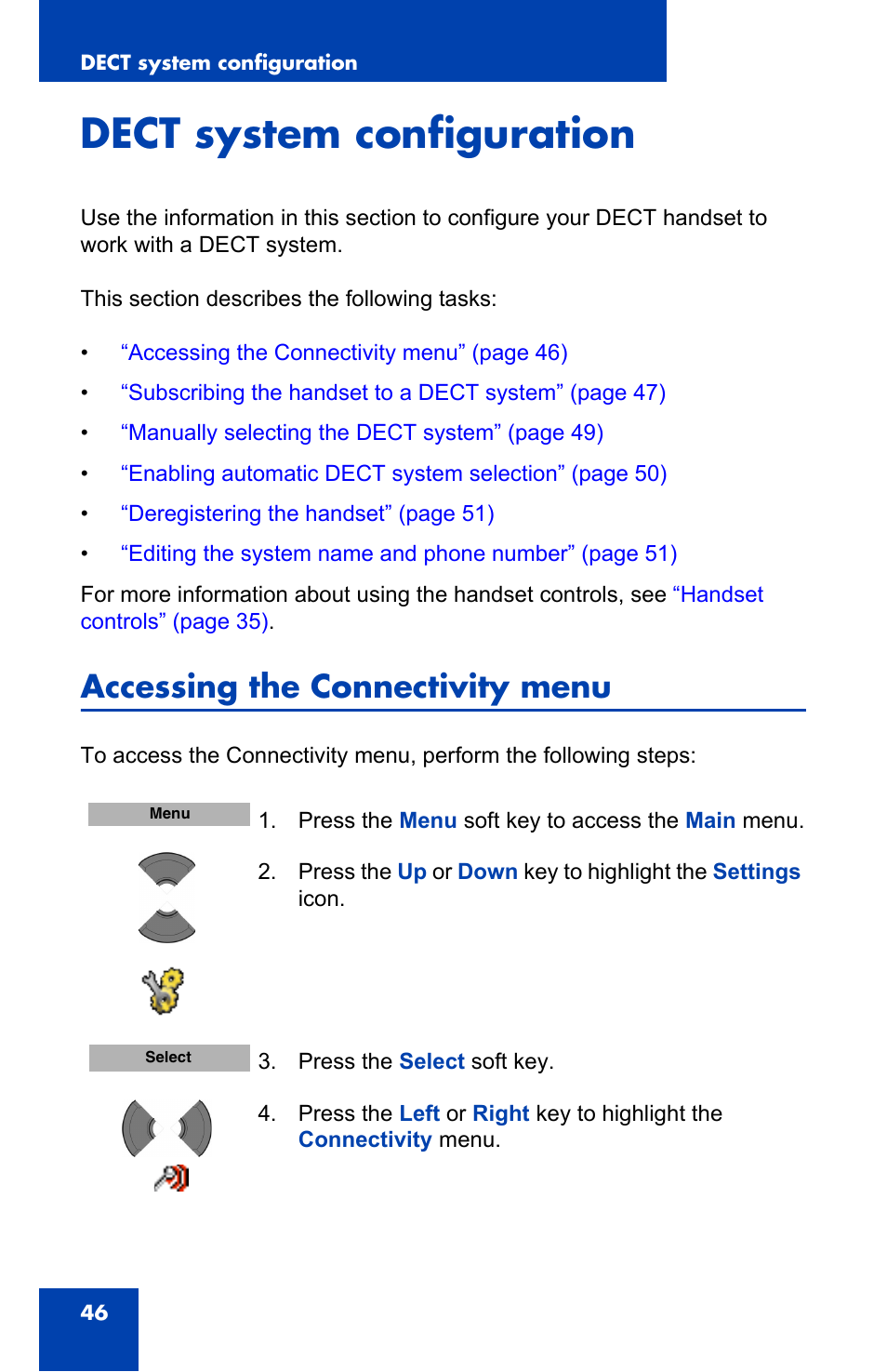 Dect system configuration, Accessing the connectivity menu | Nortel Networks Nortel 4075 User Manual | Page 46 / 244