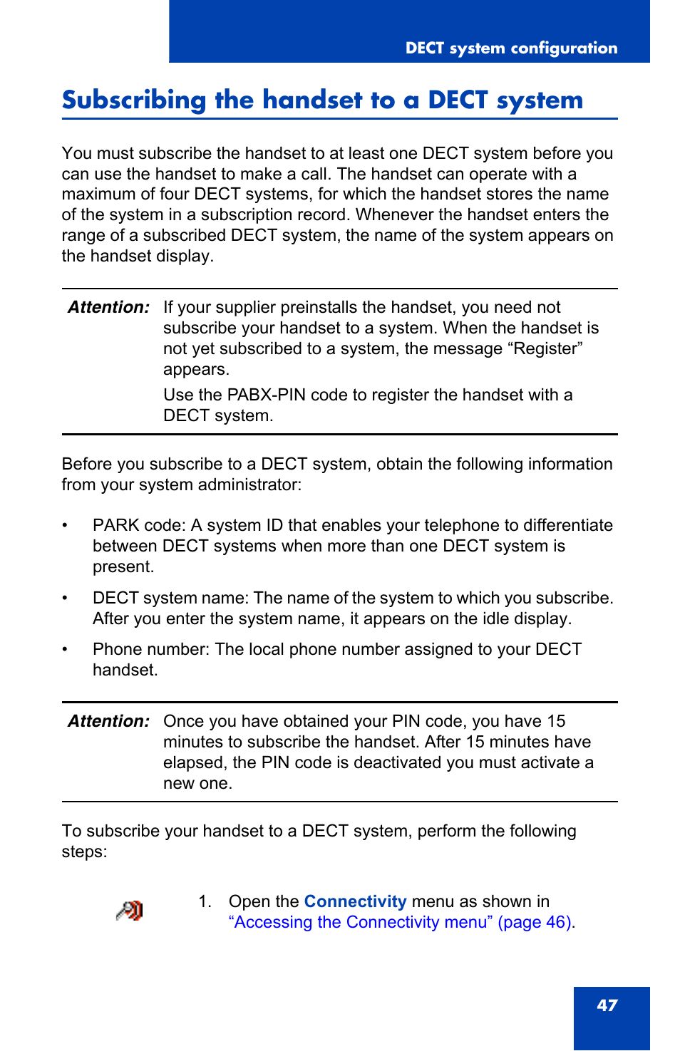 Subscribing the handset to a dect system | Nortel Networks Nortel 4075 User Manual | Page 47 / 244