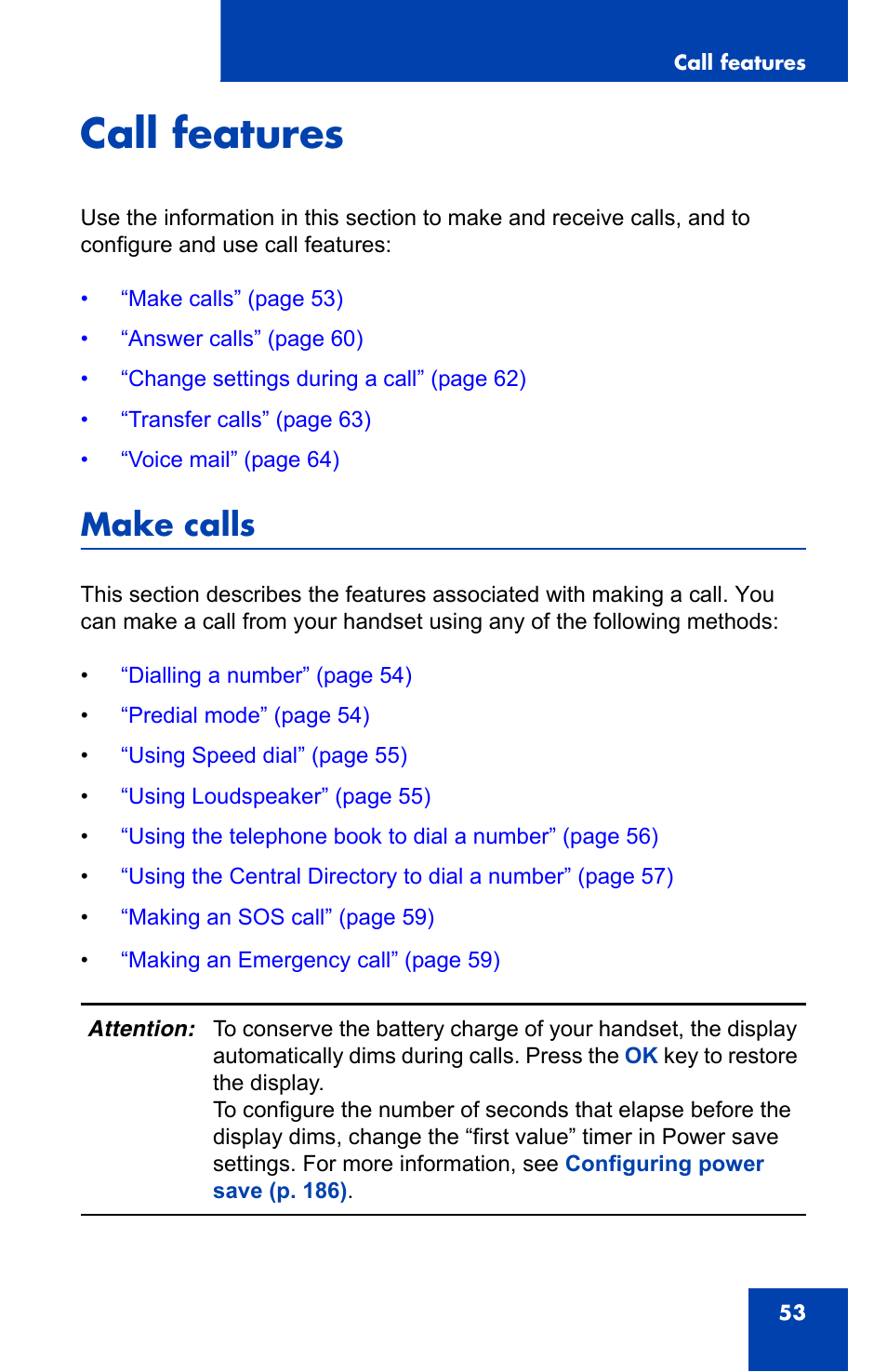Call features, Make calls | Nortel Networks Nortel 4075 User Manual | Page 53 / 244